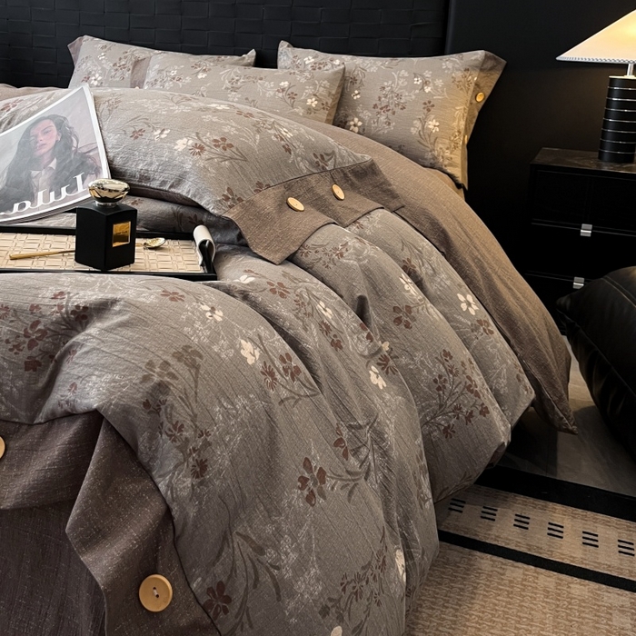 91家纺网 家纺一手货源 找家纺 圣比熊 2026春夏新款A类原麻纽扣四件套加厚被套床单宿舍双人床仿亚麻套件-最新款 山花浪漫