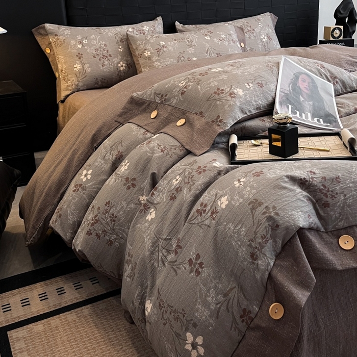 91家纺网 家纺一手货源 找家纺 圣比熊 2026春夏新款A类原麻纽扣四件套加厚被套床单宿舍双人床仿亚麻套件-最新款 山花浪漫