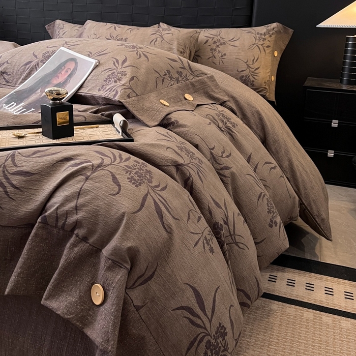 91家纺网 家纺一手货源 找家纺 圣比熊 2026春夏新款A类原麻纽扣四件套加厚被套床单宿舍双人床仿亚麻套件-最新款 素锦