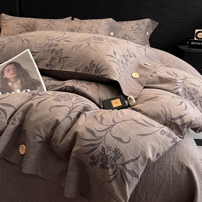 91家纺网 家纺一手货源 找家纺 圣比熊 2026春夏新款A类原麻纽扣四件套加厚被套床单宿舍双人床仿亚麻套件-最新款 素锦