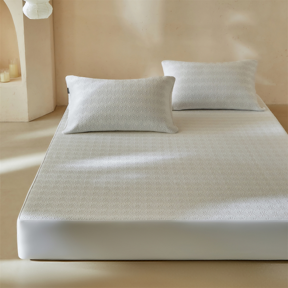 91家纺网 家纺一手货源 找家纺 傲蕾良品  2026新款出口韩国高分子冰丝软凉席【床笠&平铺款】 三角纹