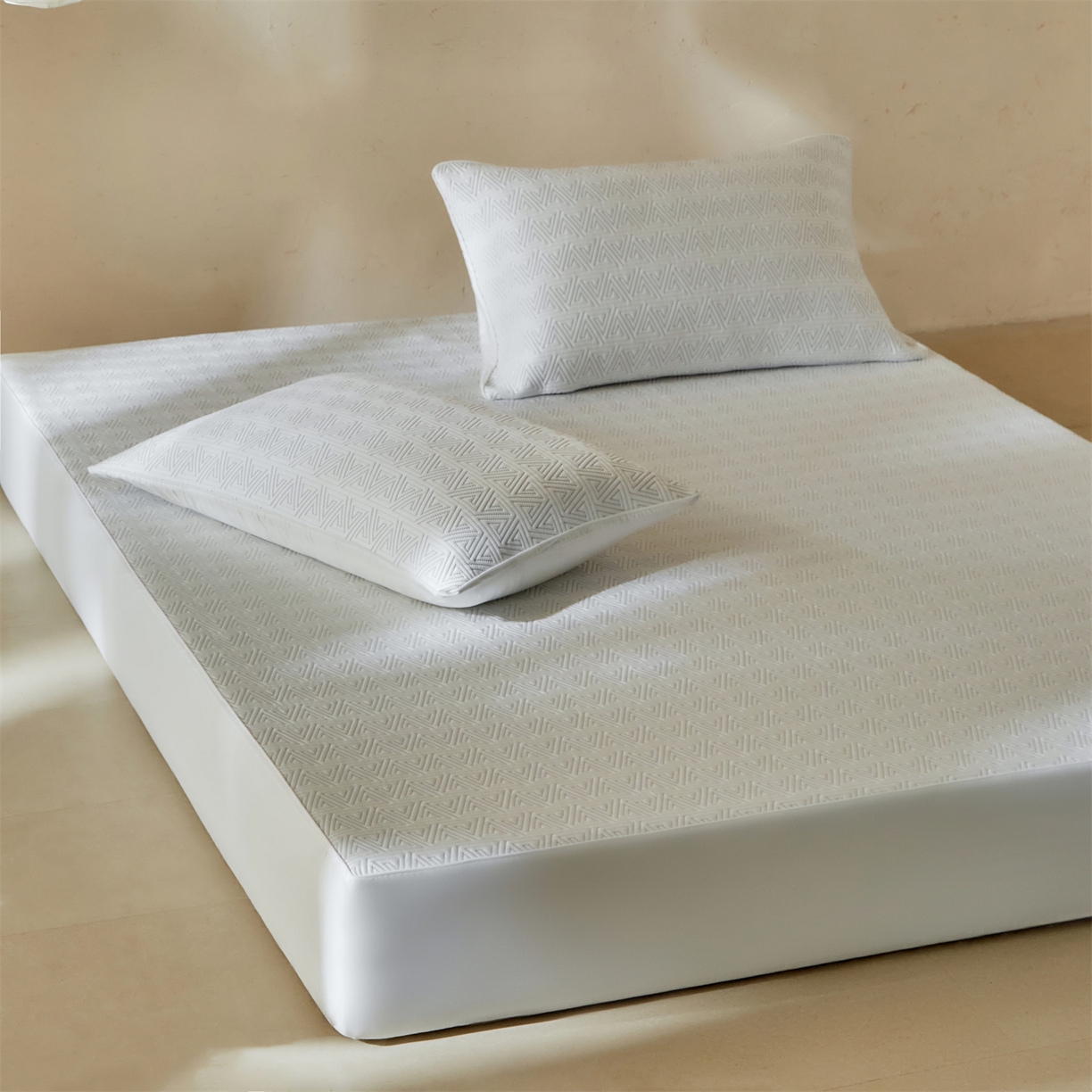 91家纺网 家纺一手货源 找家纺 傲蕾良品  2026新款出口韩国高分子冰丝软凉席【床笠&平铺款】 三角纹