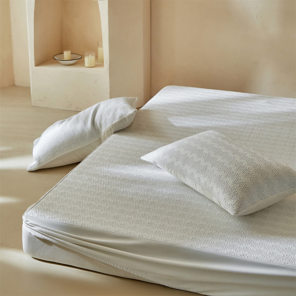 91家纺网 家纺一手货源 找家纺 傲蕾良品  2026新款出口韩国高分子冰丝软凉席【床笠&平铺款】 三角纹