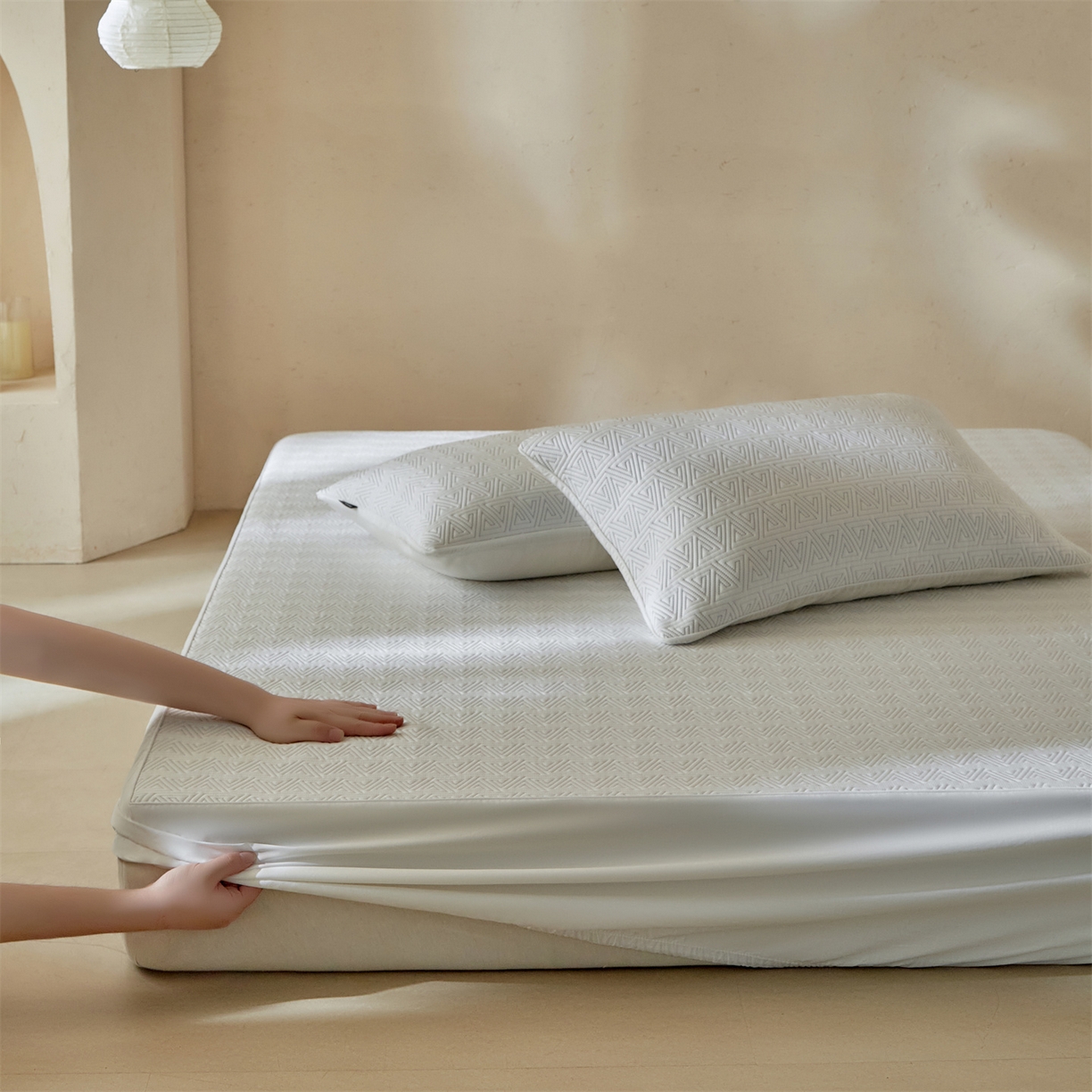 91家纺网 家纺一手货源 找家纺 傲蕾良品  2026新款出口韩国高分子冰丝软凉席【床笠&平铺款】 三角纹