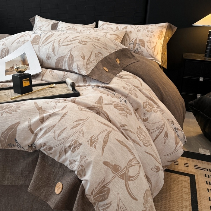 91家纺网 家纺一手货源 找家纺 圣比熊 2026春夏新款A类原麻纽扣四件套加厚被套床单宿舍双人床仿亚麻套件-最新款 向阳花开