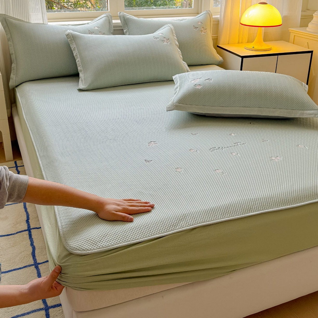 席匠 2026新款直角包边绣花玫瑰床笠款凉席席子凉席三件套 绿色