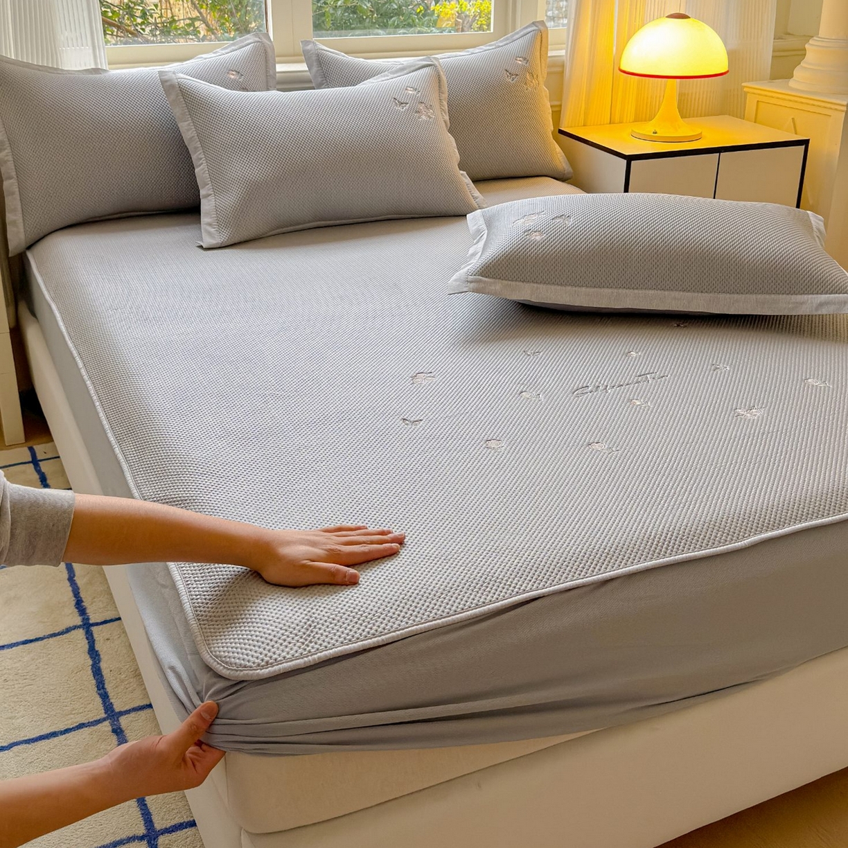 席匠 2026新款直角包边绣花玫瑰床笠款凉席席子凉席三件套 灰色