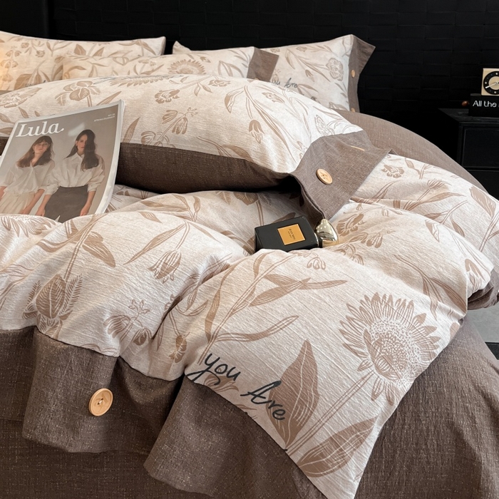 91家纺网 家纺一手货源 找家纺 圣比熊 2026春夏新款A类原麻纽扣四件套加厚被套床单宿舍双人床仿亚麻套件-最新款 向阳花开