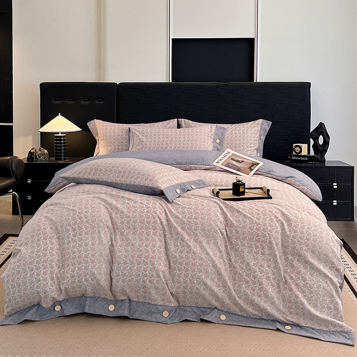 91家纺网 家纺一手货源 找家纺 圣比熊 2026春夏新款A类原麻纽扣四件套加厚被套床单宿舍双人床仿亚麻套件-最新款 叶影