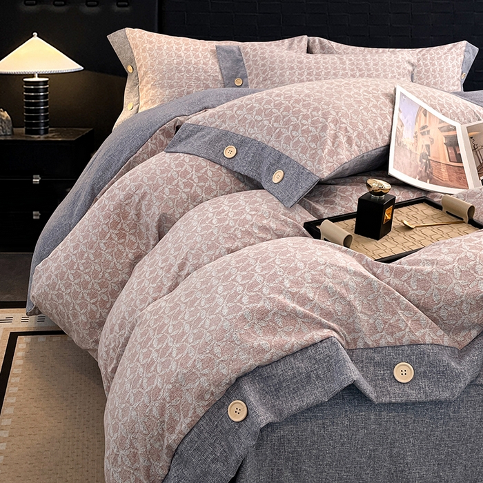 91家纺网 家纺一手货源 找家纺 圣比熊 2026春夏新款A类原麻纽扣四件套加厚被套床单宿舍双人床仿亚麻套件-最新款 叶影