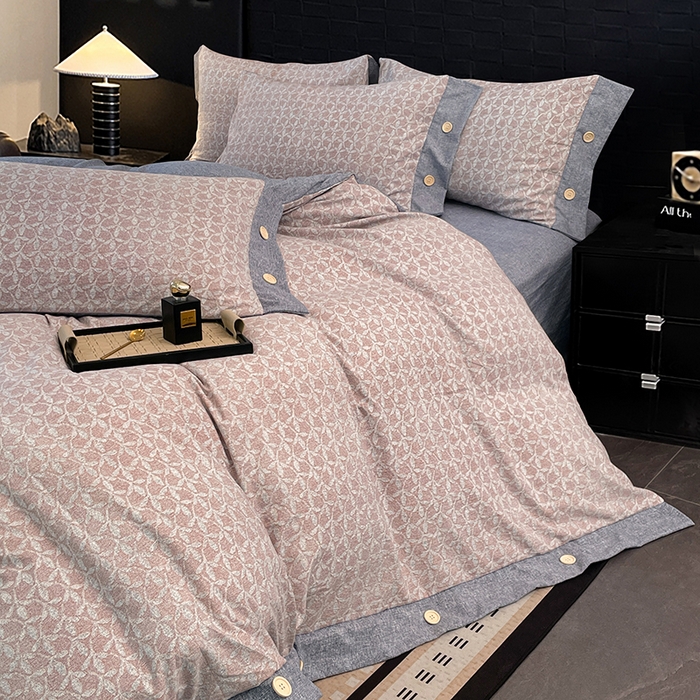 91家纺网 家纺一手货源 找家纺 圣比熊 2026春夏新款A类原麻纽扣四件套加厚被套床单宿舍双人床仿亚麻套件-最新款 叶影