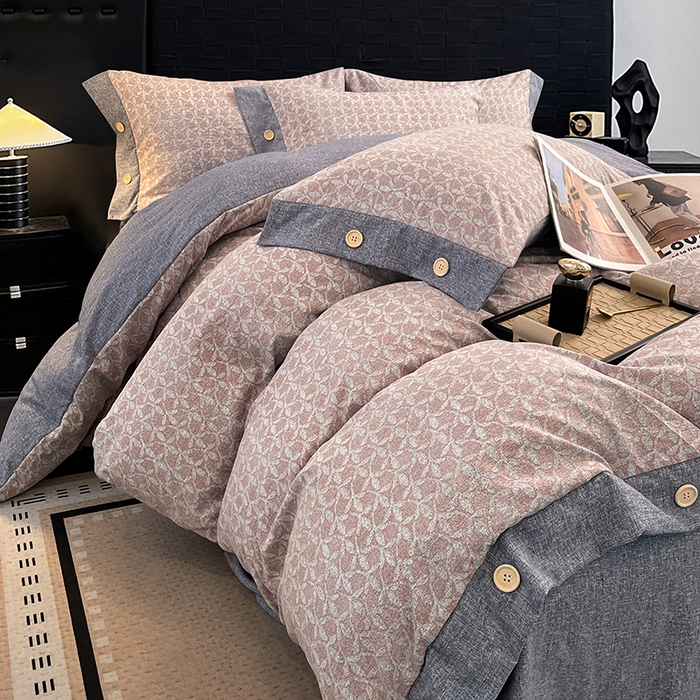 91家纺网 家纺一手货源 找家纺 圣比熊 2026春夏新款A类原麻纽扣四件套加厚被套床单宿舍双人床仿亚麻套件-最新款 叶影