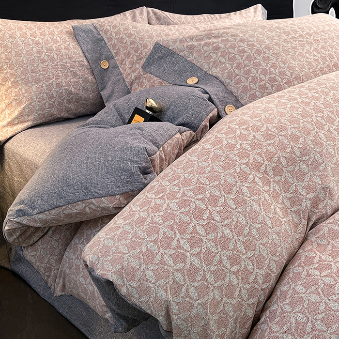 91家纺网 家纺一手货源 找家纺 圣比熊 2026春夏新款A类原麻纽扣四件套加厚被套床单宿舍双人床仿亚麻套件-最新款 叶影