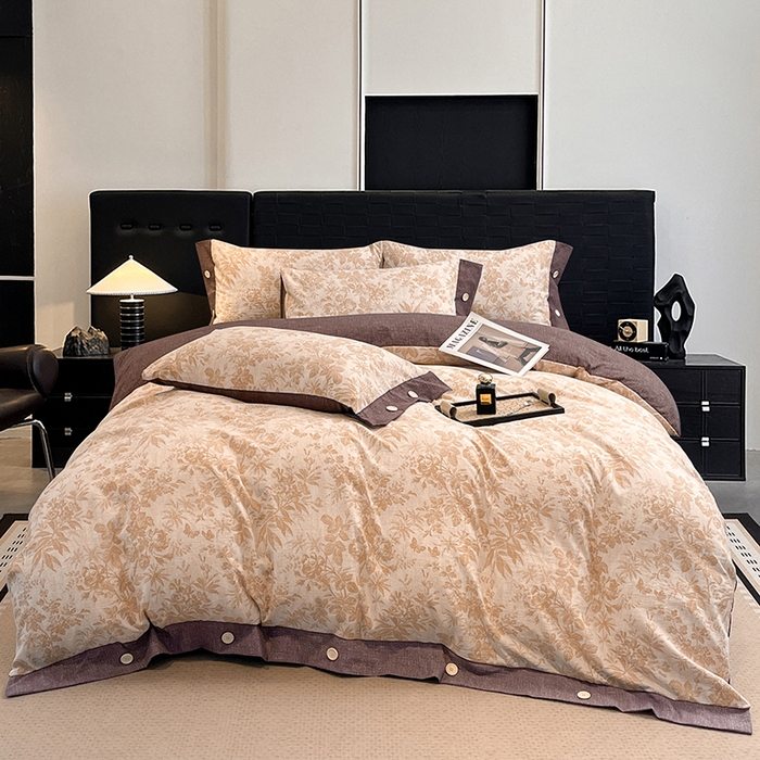 91家纺网 家纺一手货源 找家纺 圣比熊 2026春夏新款A类原麻纽扣四件套加厚被套床单宿舍双人床仿亚麻套件-最新款 忆秋风