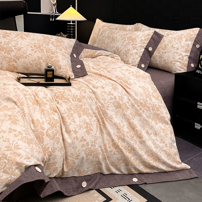 91家纺网 家纺一手货源 找家纺 圣比熊 2026春夏新款A类原麻纽扣四件套加厚被套床单宿舍双人床仿亚麻套件-最新款 忆秋风