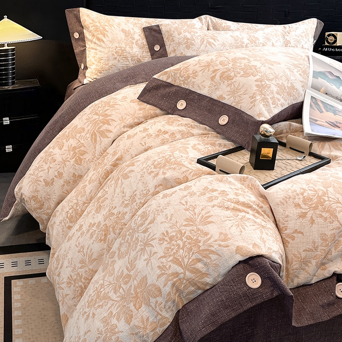 91家纺网 家纺一手货源 找家纺 圣比熊 2026春夏新款A类原麻纽扣四件套加厚被套床单宿舍双人床仿亚麻套件-最新款 忆秋风