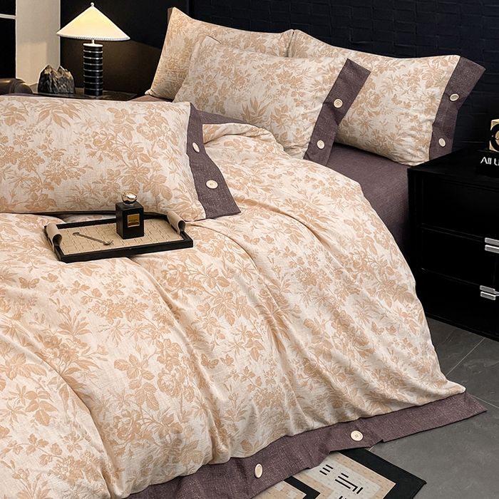 91家纺网 家纺一手货源 找家纺 圣比熊 2026春夏新款A类原麻纽扣四件套加厚被套床单宿舍双人床仿亚麻套件-最新款 忆秋风