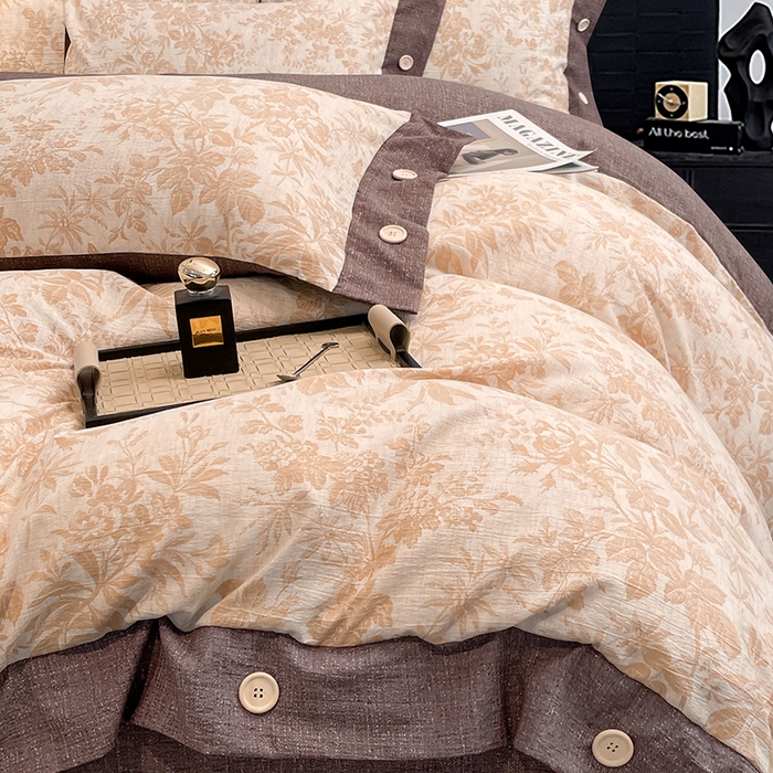 91家纺网 家纺一手货源 找家纺 圣比熊 2026春夏新款A类原麻纽扣四件套加厚被套床单宿舍双人床仿亚麻套件-最新款 忆秋风