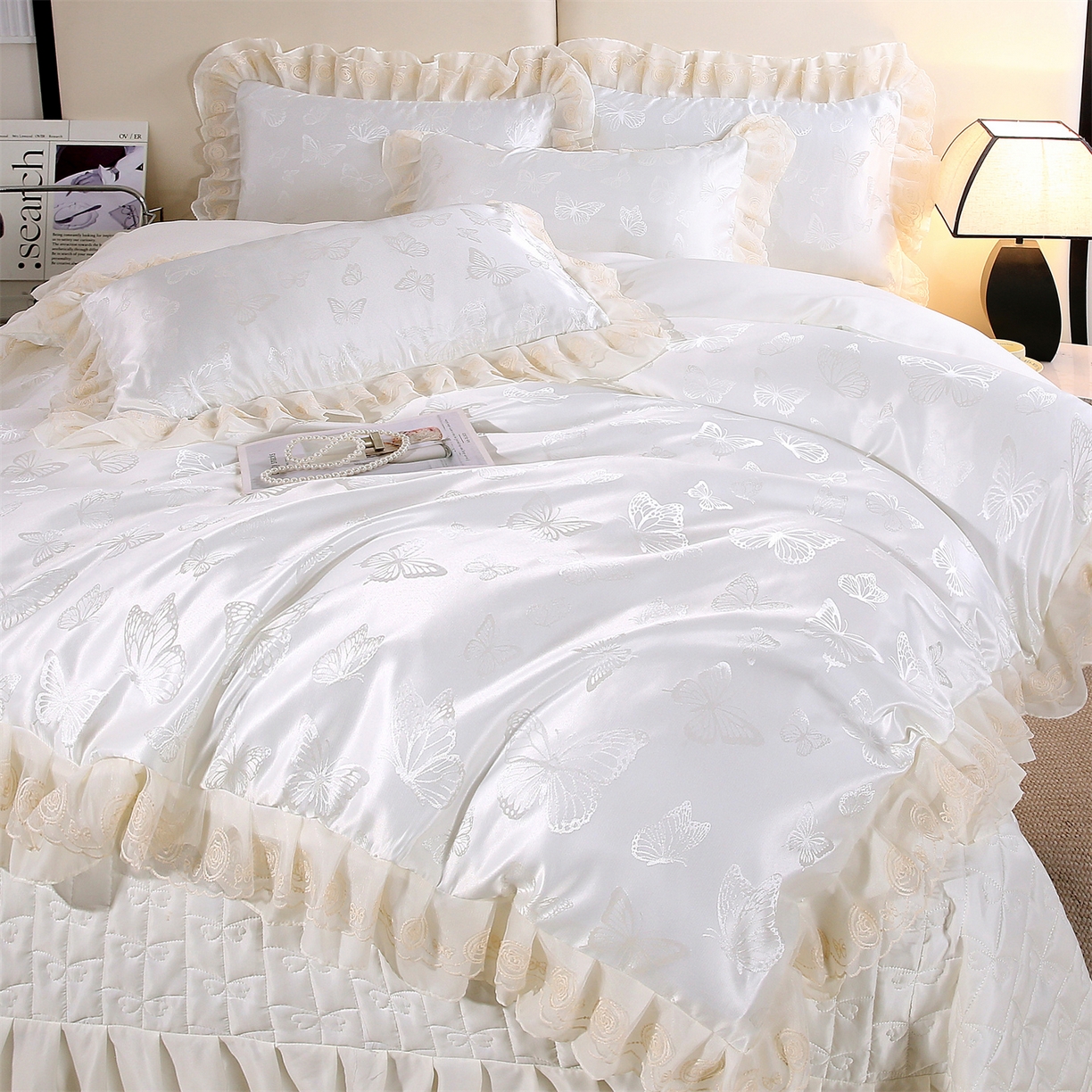 91家纺网 家纺一手货源 找家纺 （总）提花大世界 2026新款轻奢法式蕾丝花边款丝滑水洗真丝天丝提花床单床笠床盖四件套