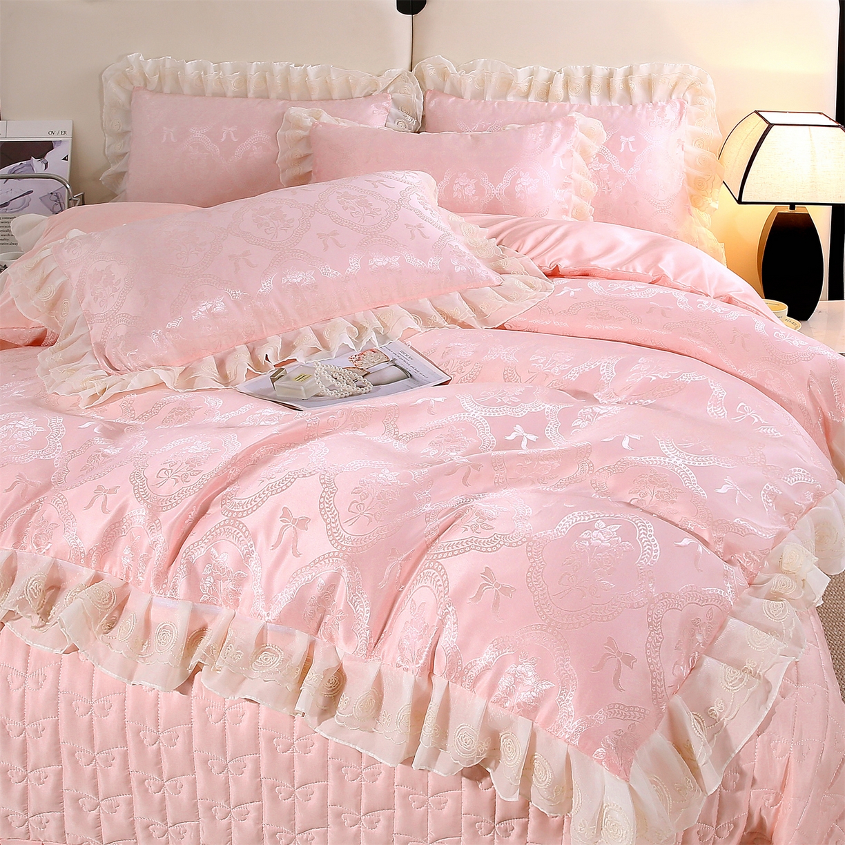 91家纺网 家纺一手货源 找家纺 提花大世界 2026新款冰肤纱法式花边凉感夏被夏凉被空调被被套凉席三件套床盖夹棉四件套 云间紫莓