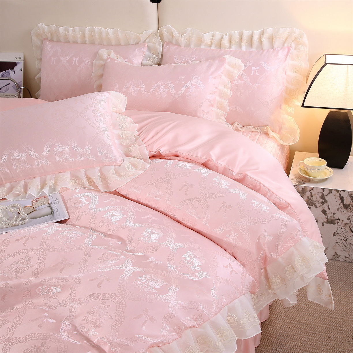 91家纺网 家纺一手货源 找家纺 （总）提花大世界 2026新款轻奢法式蕾丝花边款丝滑水洗真丝天丝提花床单床笠床盖四件套