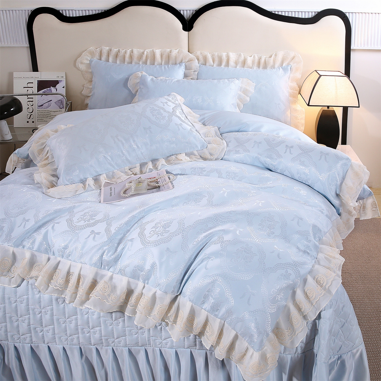 91家纺网 家纺一手货源 找家纺 （总）提花大世界 2026新款轻奢法式蕾丝花边款丝滑水洗真丝天丝提花床单床笠床盖四件套
