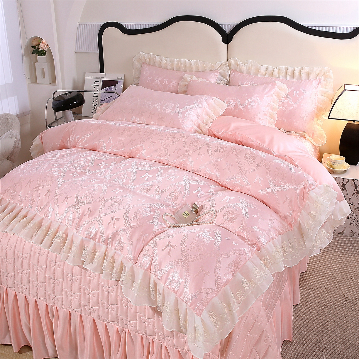 91家纺网 家纺一手货源 找家纺 （总）提花大世界 2026新款轻奢法式蕾丝花边款丝滑水洗真丝天丝提花床单床笠床盖四件套