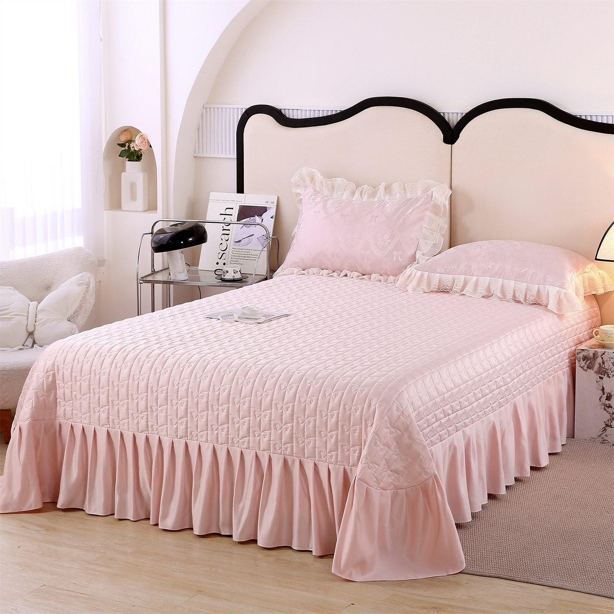 91家纺网 家纺一手货源 找家纺 提花大世界 2026新款轻奢法式蕾丝花边款丝滑水洗真丝天丝提花床单床笠床盖四件套 洛丽塔之梦-樱花玉