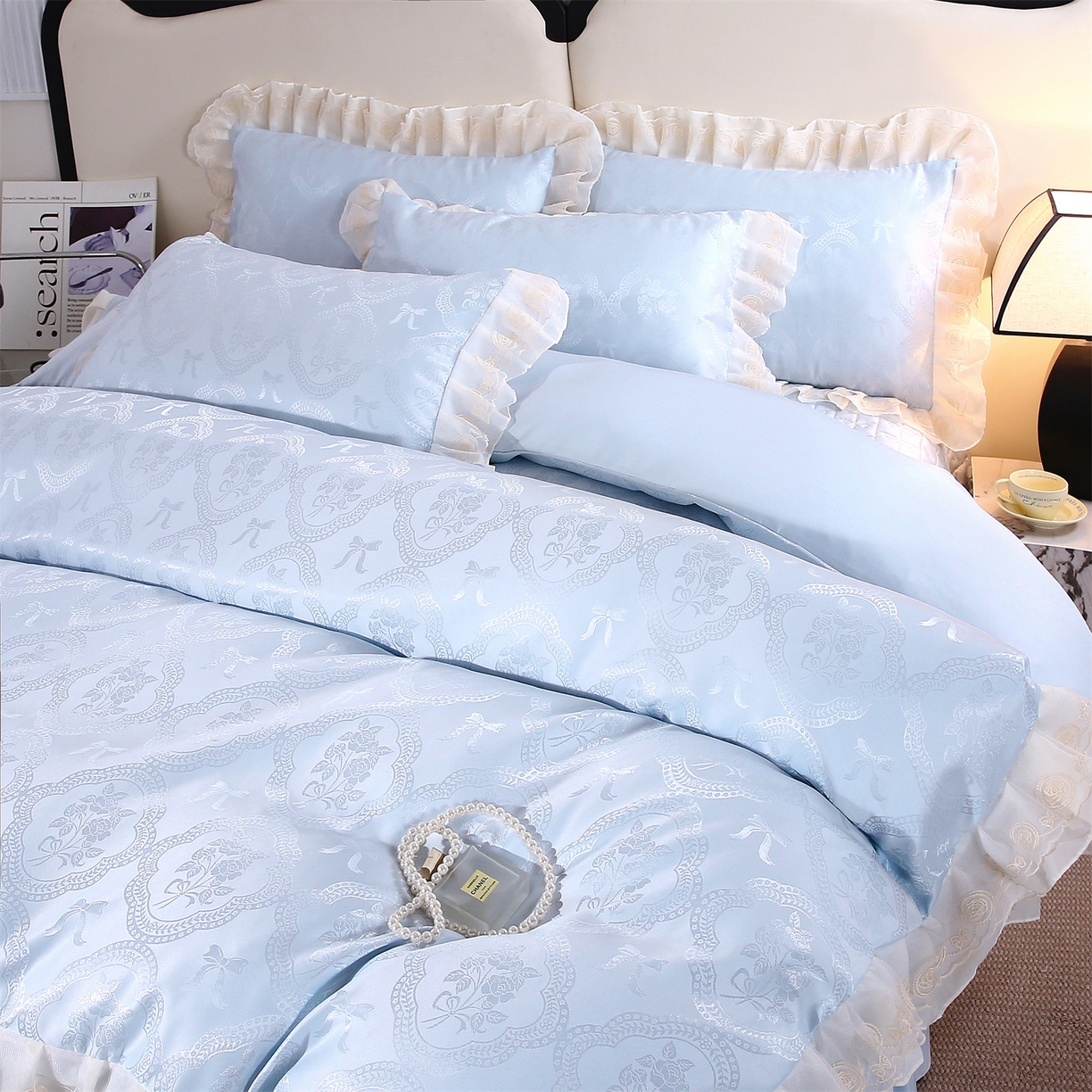 91家纺网 家纺一手货源 找家纺 提花大世界 2026新款轻奢法式蕾丝花边款丝滑水洗真丝天丝提花床单床笠床盖四件套 洛丽塔之梦-冰蓝