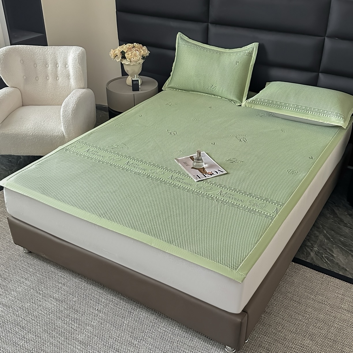 栩裕纺织 2026新款清纱菱纹豆豆席凉席 蝴蝶结绿