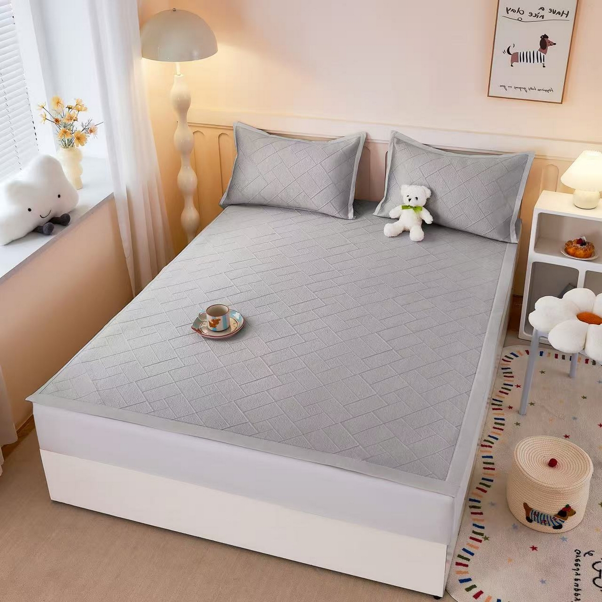 栩裕纺织 2026新款清纱菱纹豆豆席凉席 菱格灰