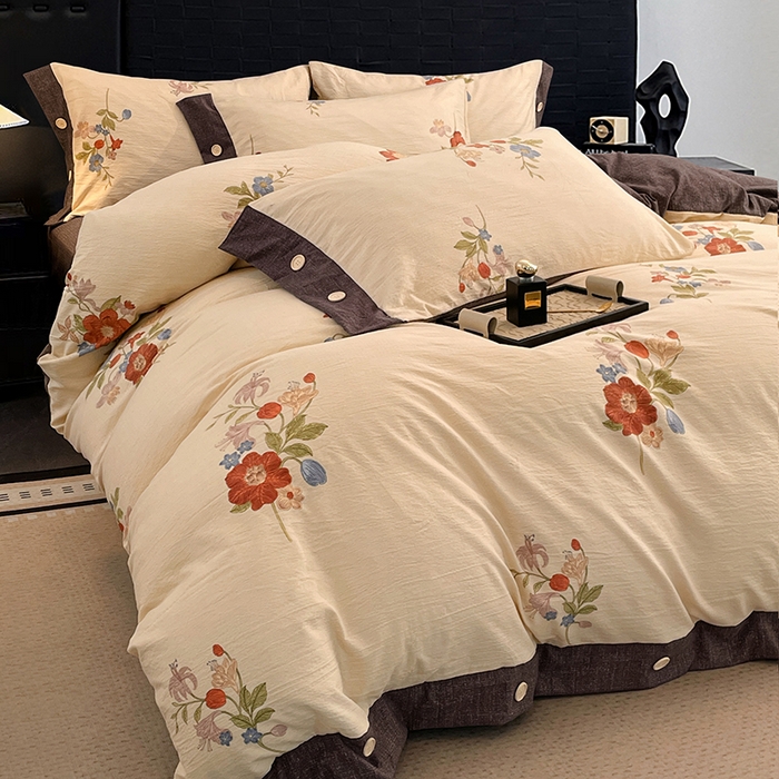 91家纺网 家纺一手货源 找家纺 梦舒羽 2026春夏新款A类原麻纽扣四件套加厚被套床单宿舍双人床仿亚麻套件-最新款 锦花