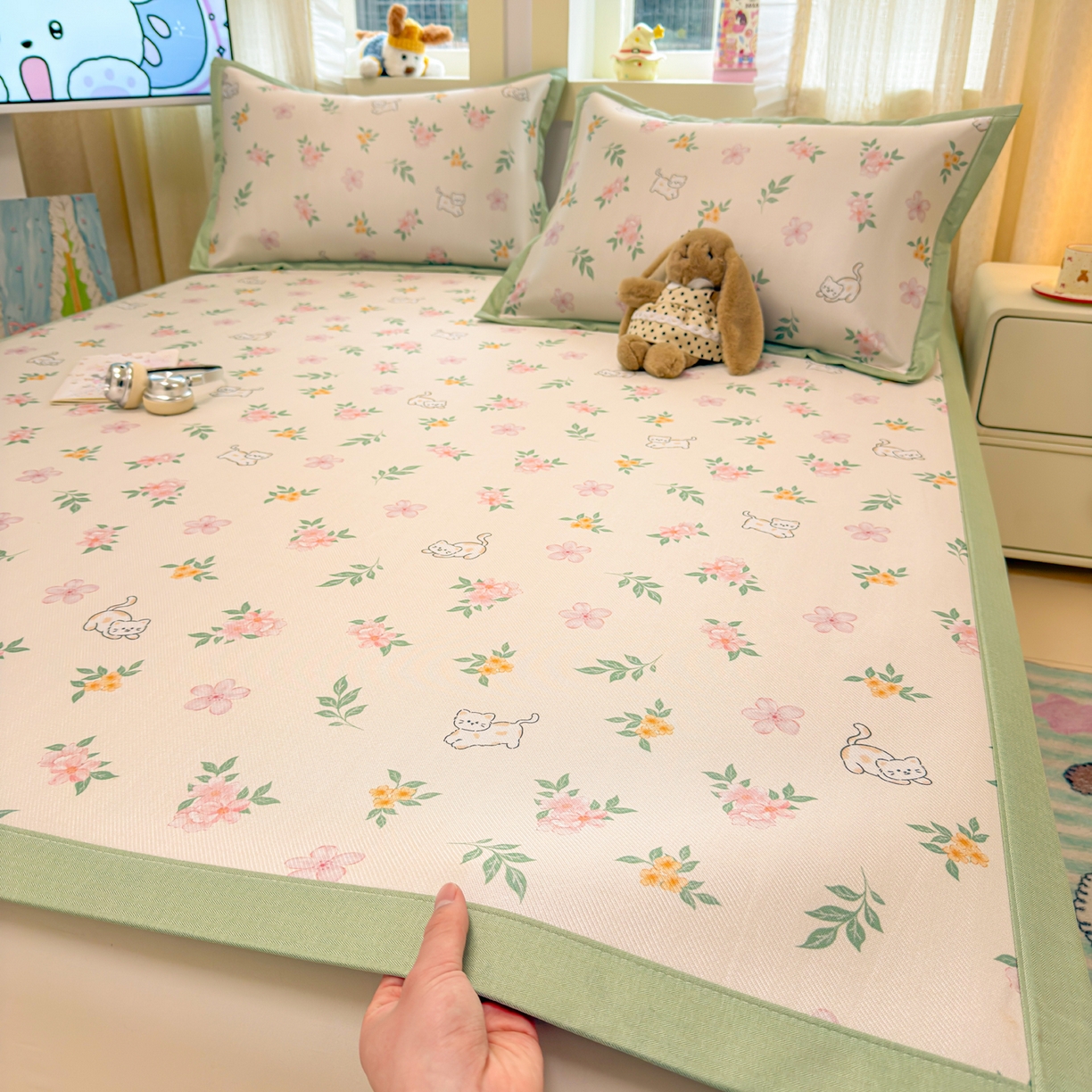 91家纺网 家纺一手货源 找家纺 慕尚家纺 2026新款凉感冰丝凉席席子 花朵小猫