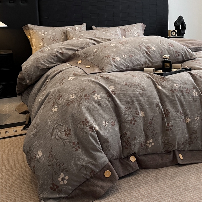 91家纺网 家纺一手货源 找家纺 梦舒羽 2026春夏新款A类原麻纽扣四件套加厚被套床单宿舍双人床仿亚麻套件-最新款 山花浪漫