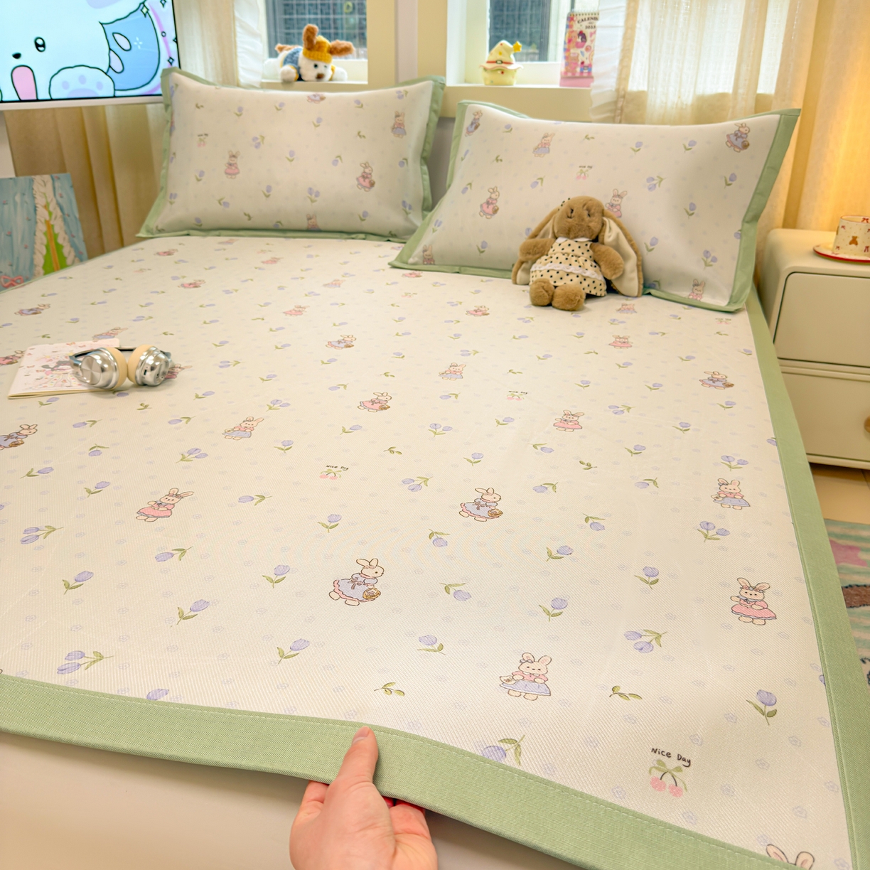 91家纺网 家纺一手货源 找家纺 慕尚家纺 2026新款凉感冰丝凉席席子 郁金香小兔