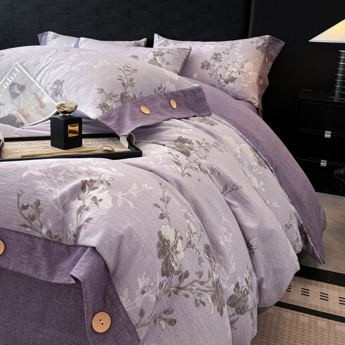 91家纺网 家纺一手货源 找家纺 梦舒羽 2026春夏新款A类原麻纽扣四件套加厚被套床单宿舍双人床仿亚麻套件-最新款 春风序