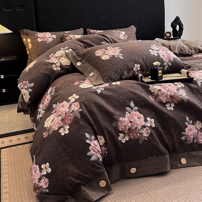 梦舒羽 2026春夏新款A类原麻纽扣四件套加厚被套床单宿舍双人床仿亚麻套件-最新款 繁花