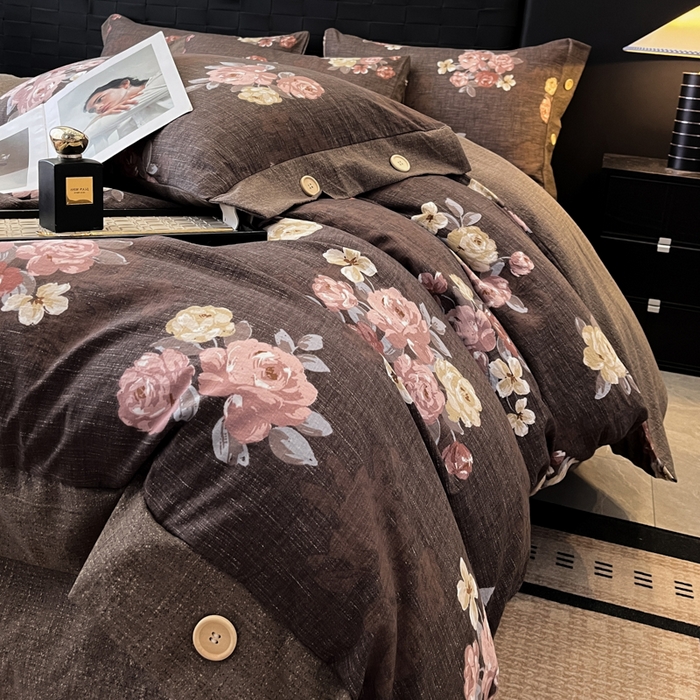 91家纺网 家纺一手货源 找家纺 梦舒羽 2026春夏新款A类原麻纽扣四件套加厚被套床单宿舍双人床仿亚麻套件-最新款 繁花
