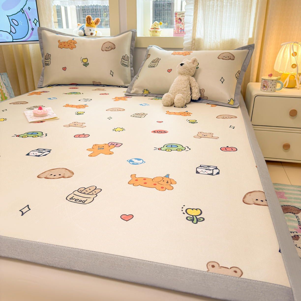 91家纺网 家纺一手货源 找家纺 慕尚家纺 2026新款凉感冰丝凉席席子 彩色小萌宠