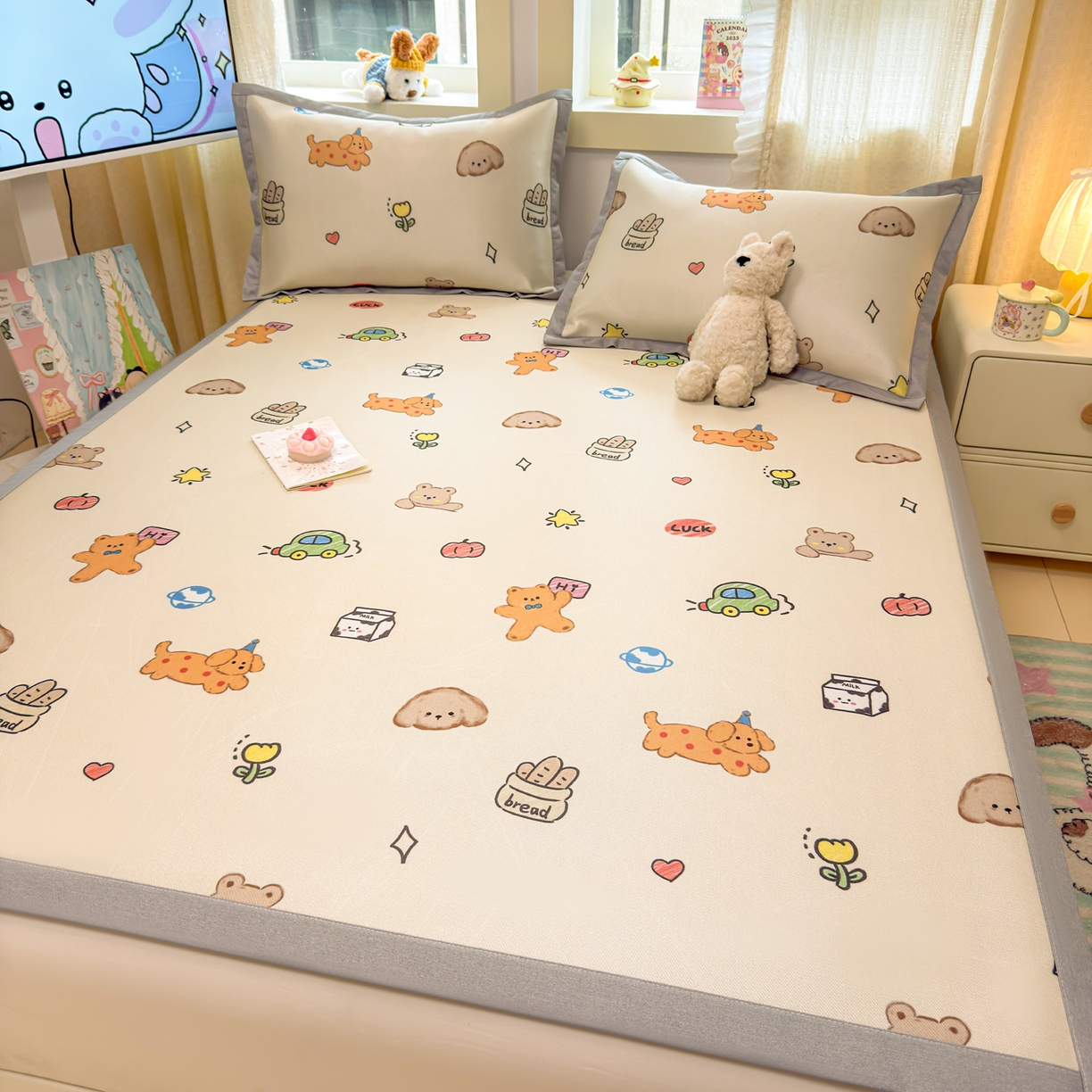 91家纺网 家纺一手货源 找家纺 慕尚家纺 2026新款凉感冰丝凉席席子 彩色小萌宠