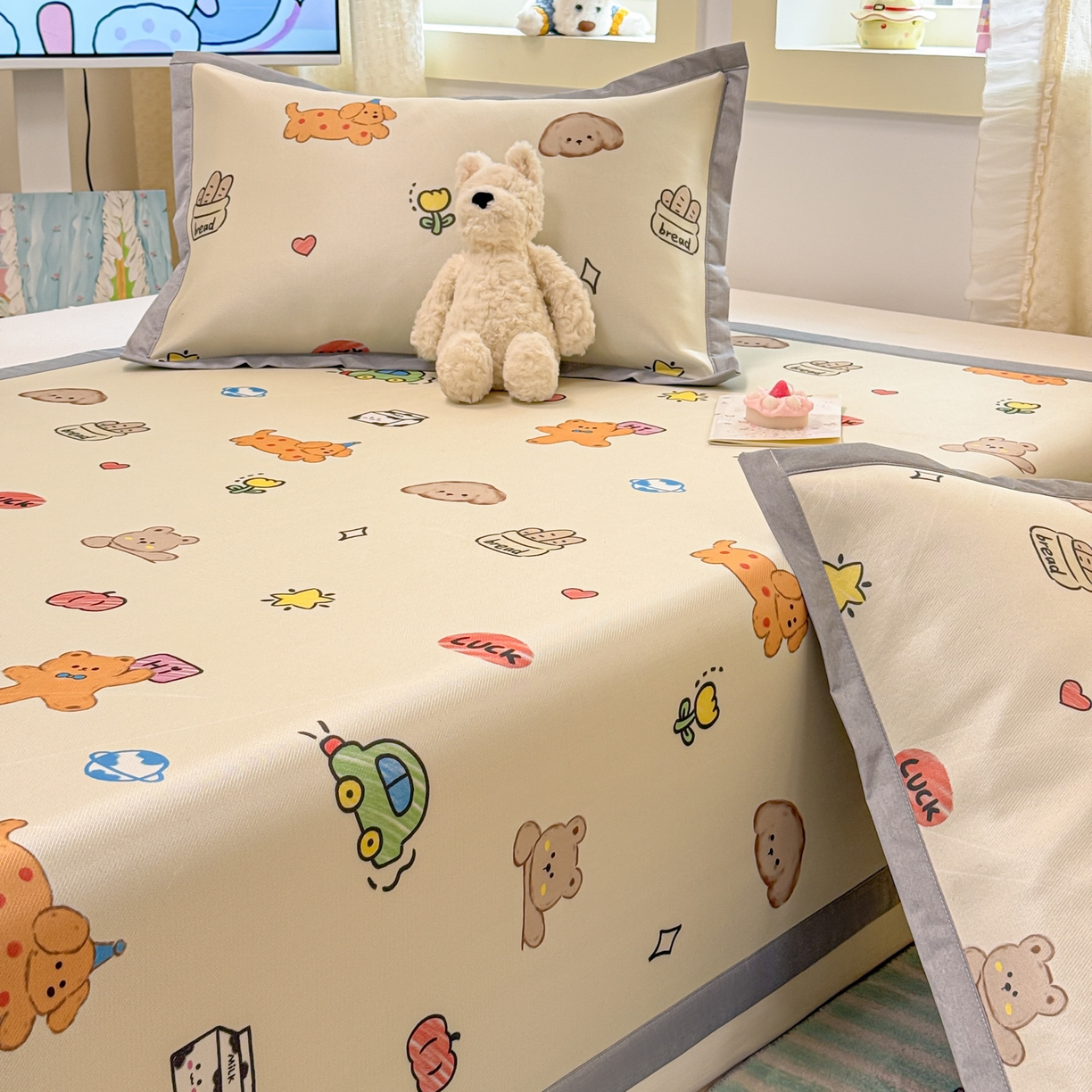 91家纺网 家纺一手货源 找家纺 慕尚家纺 2026新款凉感冰丝凉席席子 彩色小萌宠