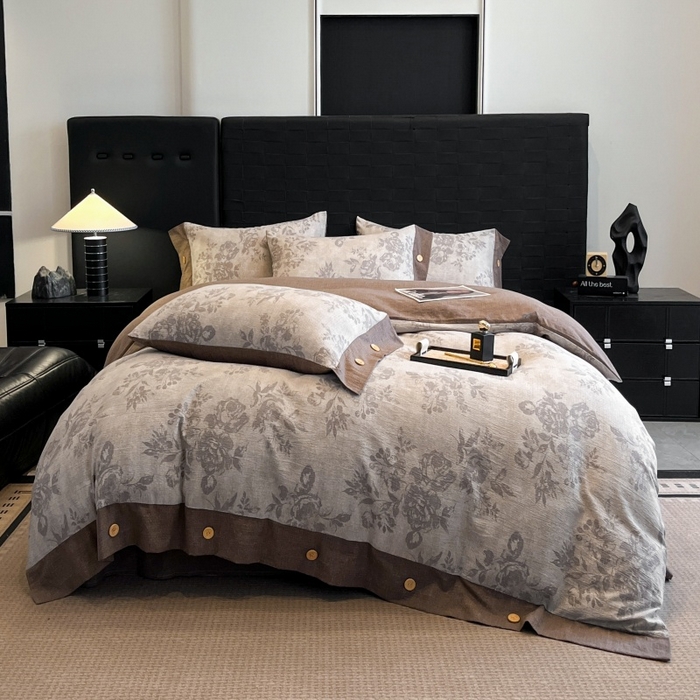 91家纺网 家纺一手货源 找家纺 梦舒羽 2026春夏新款A类原麻纽扣四件套加厚被套床单宿舍双人床仿亚麻套件-最新款 古堡花园-咖