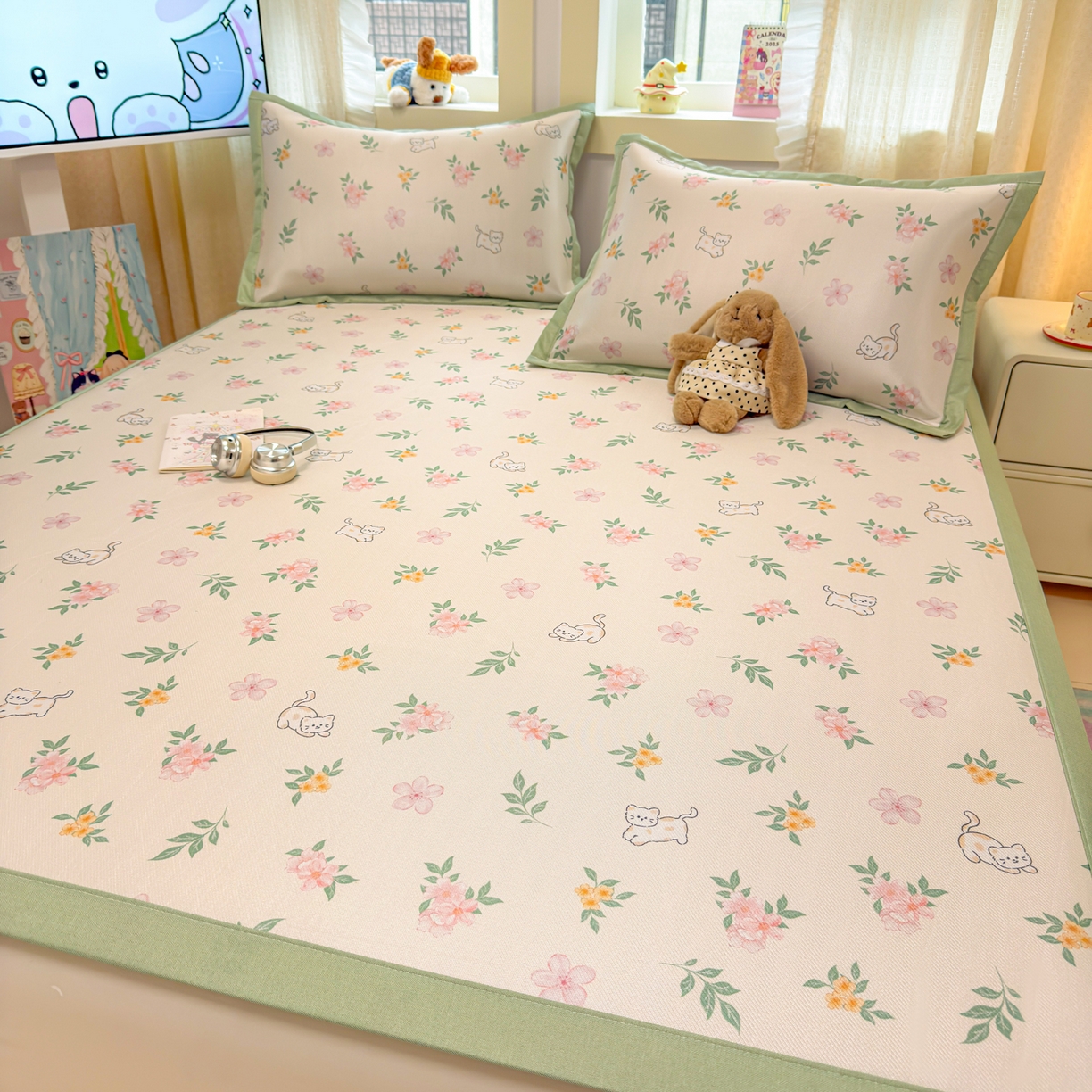 91家纺网 家纺一手货源 找家纺 慕尚家纺 2026新款凉感冰丝凉席席子 花朵小猫