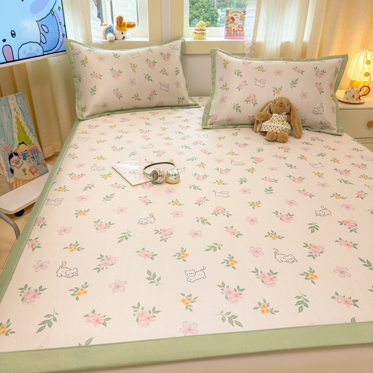 91家纺网 家纺一手货源 找家纺 慕尚家纺 2026新款凉感冰丝凉席席子 花朵小猫