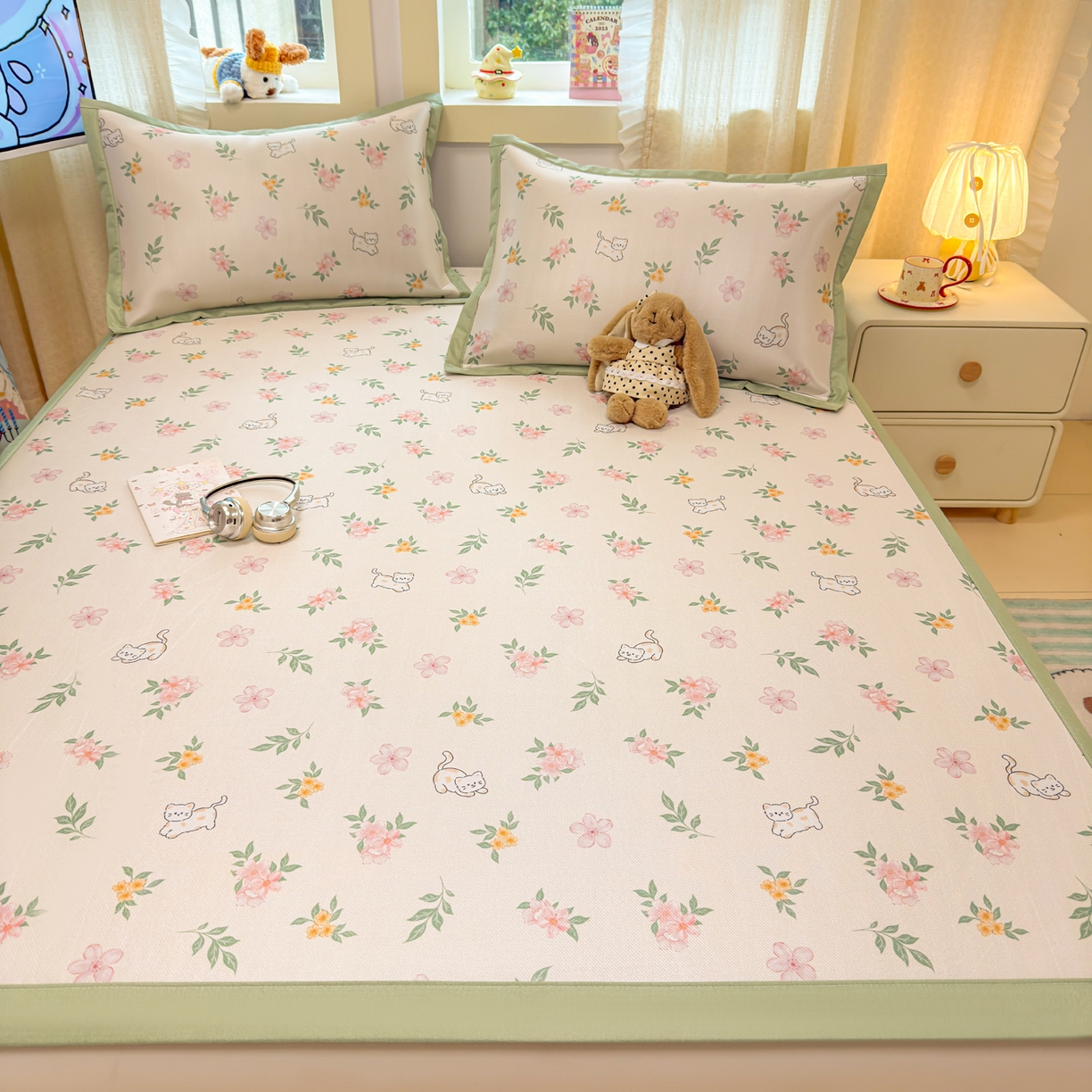 91家纺网 家纺一手货源 找家纺 慕尚家纺 2026新款凉感冰丝凉席席子 花朵小猫