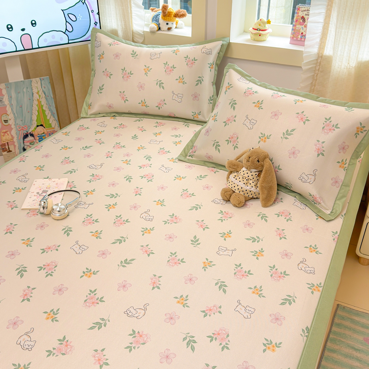 91家纺网 家纺一手货源 找家纺 慕尚家纺 2026新款凉感冰丝凉席席子 花朵小猫