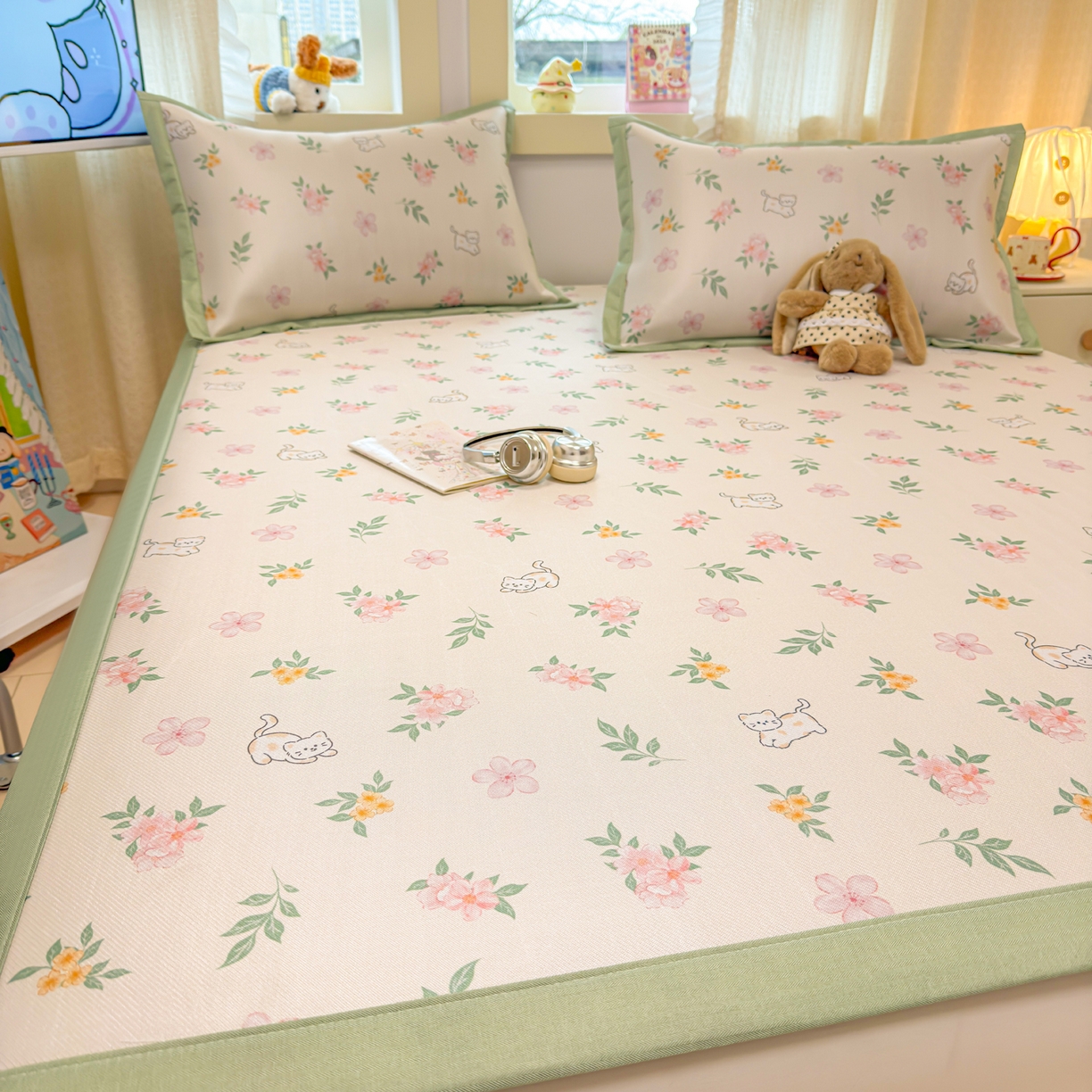 91家纺网 家纺一手货源 找家纺 慕尚家纺 2026新款凉感冰丝凉席席子 花朵小猫