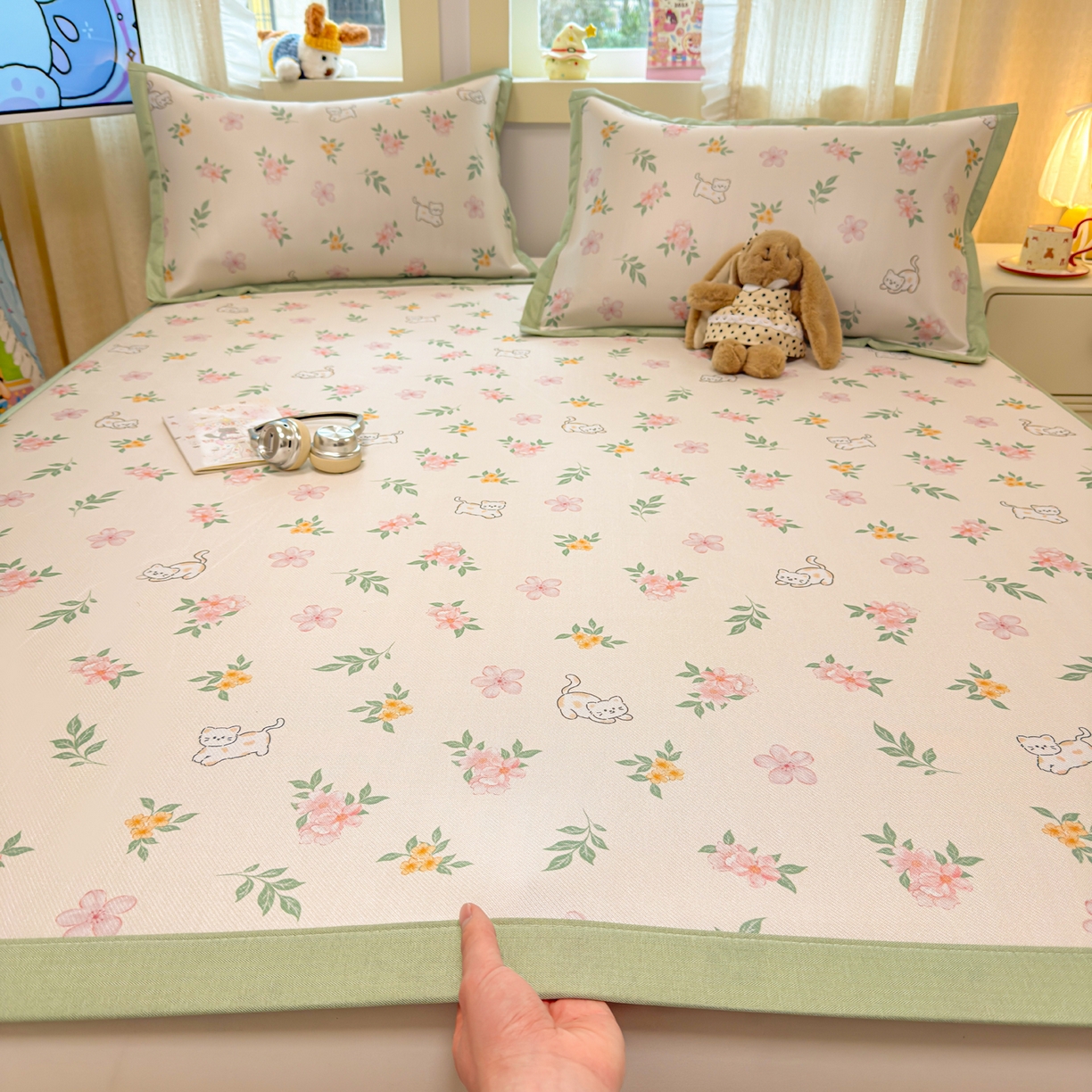 91家纺网 家纺一手货源 找家纺 慕尚家纺 2026新款凉感冰丝凉席席子 花朵小猫