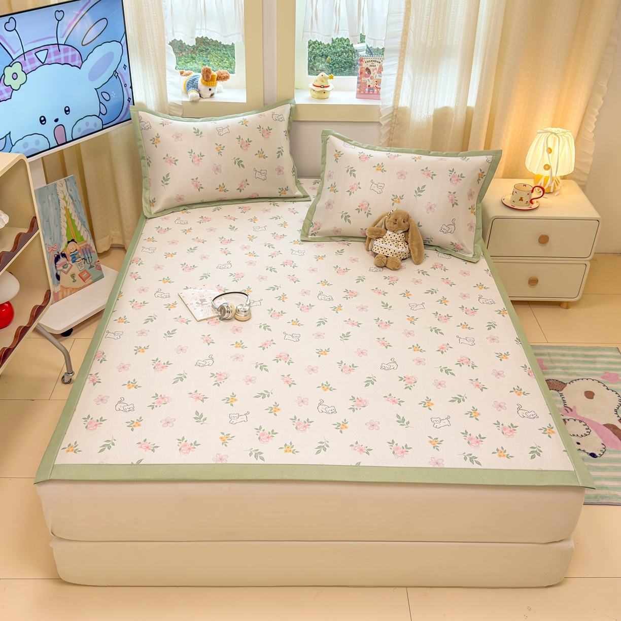 91家纺网 家纺一手货源 找家纺 慕尚家纺 2026新款凉感冰丝凉席席子 花朵小猫