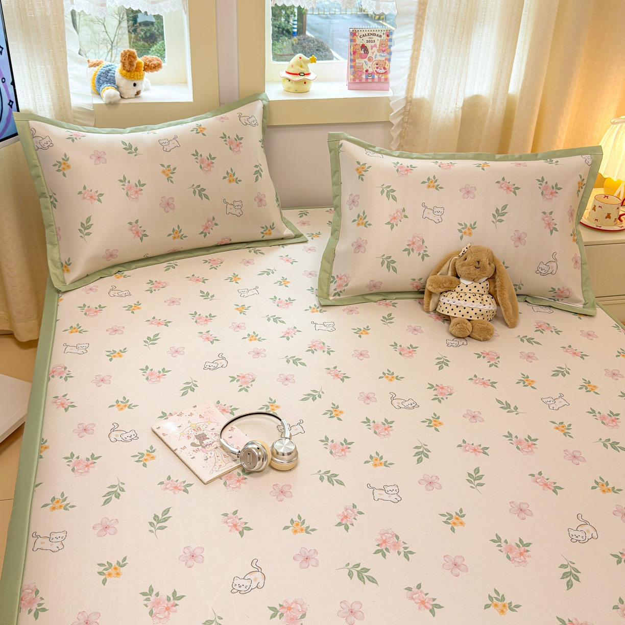 91家纺网 家纺一手货源 找家纺 慕尚家纺 2026新款凉感冰丝凉席席子 花朵小猫